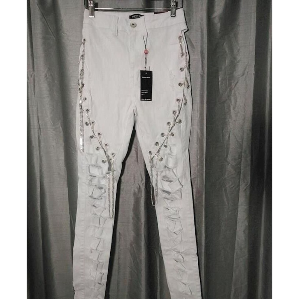 Red Fox Jeans Juniors White‎ Stretch Lace Up Jeans with Rhinestone Chains Size 7